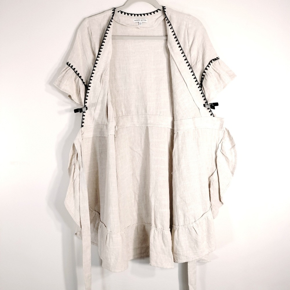 Moon River Beige Wrap Dress; Linen Blend, Embroidered, Ruffle Sleeve - Picture 3 of 9